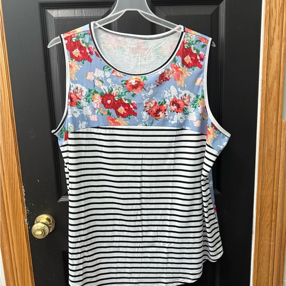 Floral and Striped Sleeveless Top